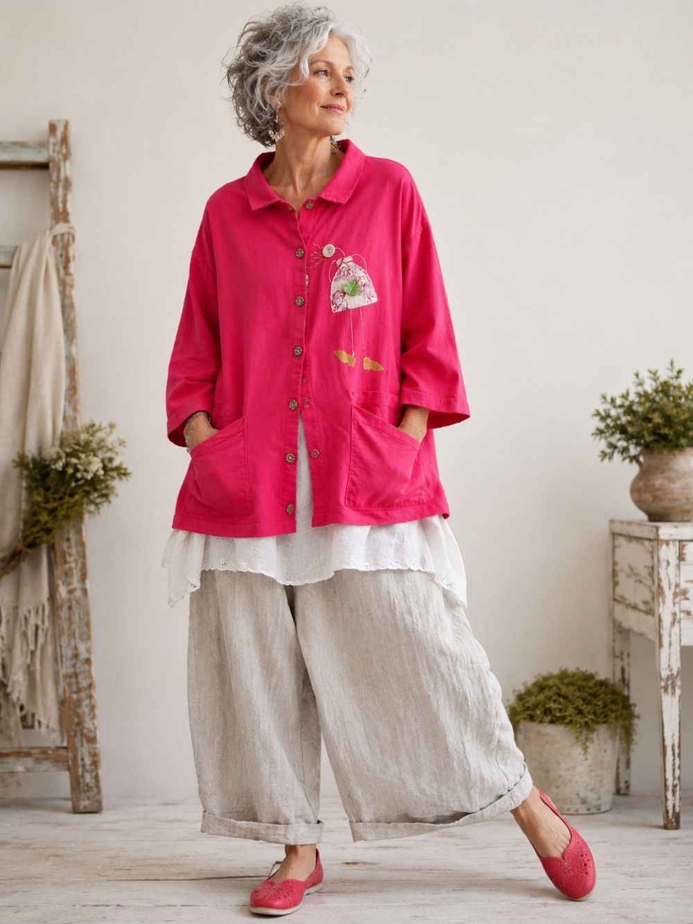 Vintage Odile Hot Pink Cotton Art To Wear Jacket Shacket Button Front M/L